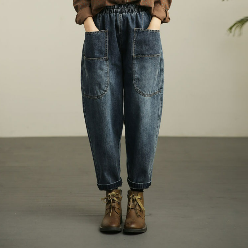 復古做舊高腰大碼鬆緊腰哈倫九分牛仔褲