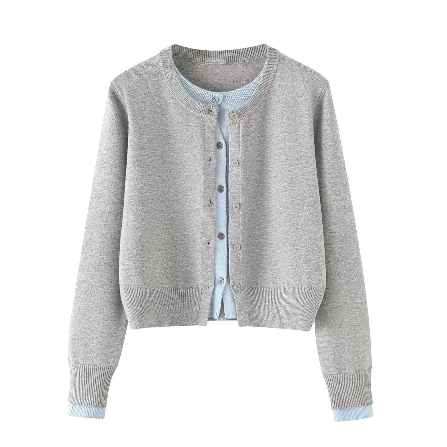 韓系氛圍感撞色學院風假兩件設計針織開衫