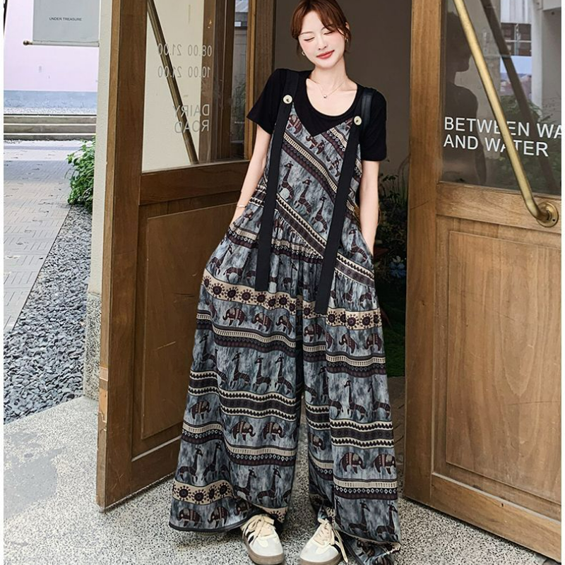 【單件/套裝】小眾波西米亞民族風背帶連體闊腿褲+短袖兩件套裝