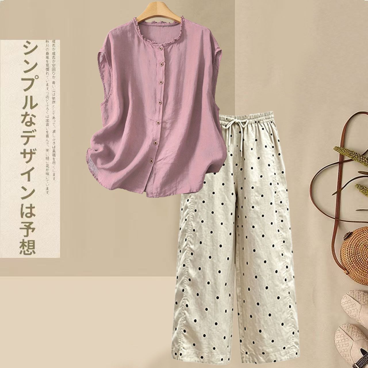 【整套】慵懶風棉麻木耳襯衫+寬松休閑波點褲兩件套