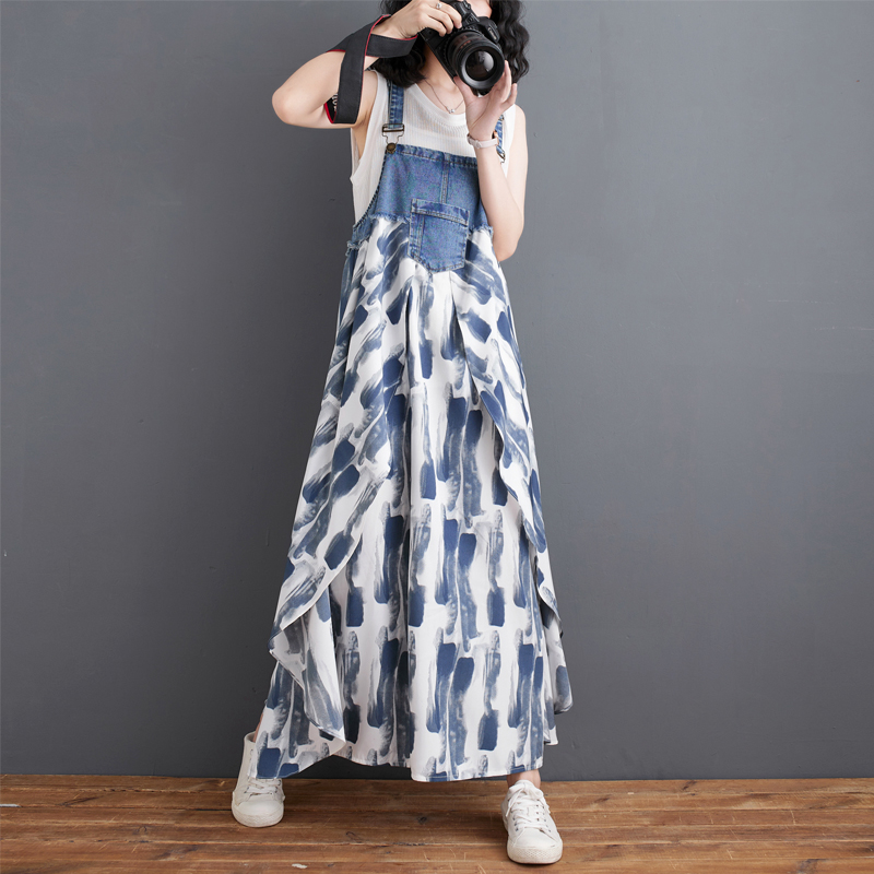 韓版時尚設計感牛仔拼接雪紡背帶連身裙