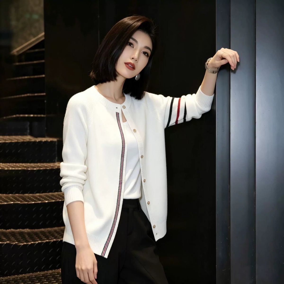 @韓版簡約撞色條紋圓領顯瘦針織開衫