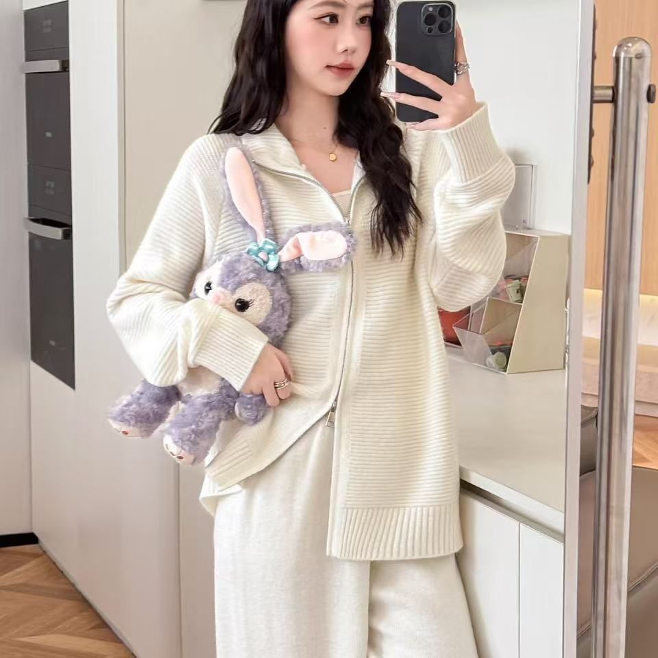 【整套】韓系時尚拉鏈針織翻領百搭毛衣+寬鬆休閒闊腿褲兩件套