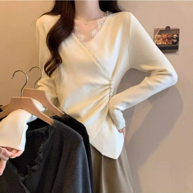 大碼德絨設計感蕾絲拼接V領不規則交叉打底衫長袖T恤