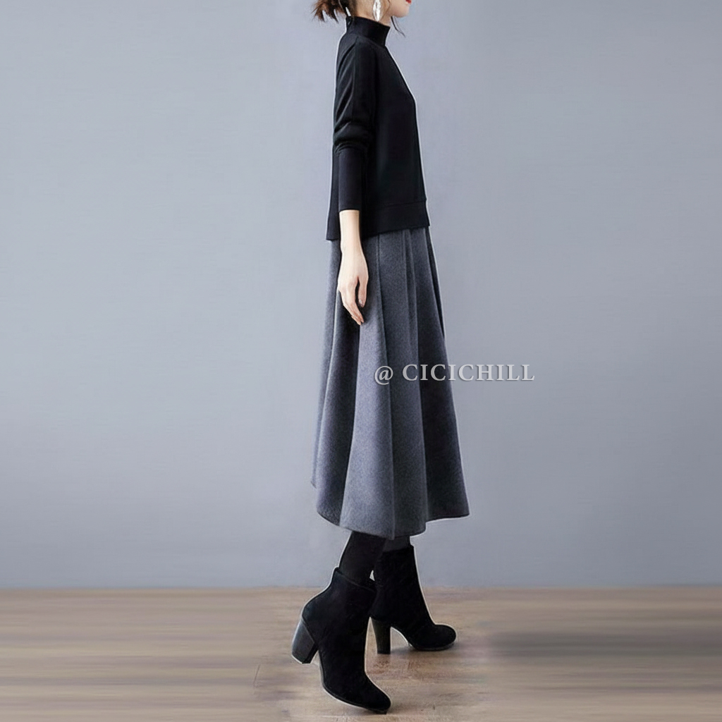 日韓休閑圓領長袖潮流拼色假兩件洋裝