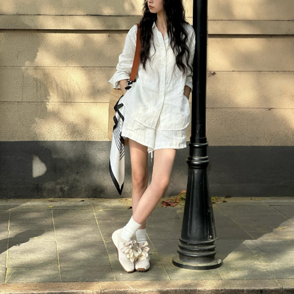 【整套】老錢風松弛感素色防曬襯衫+百搭休閑短褲兩件套