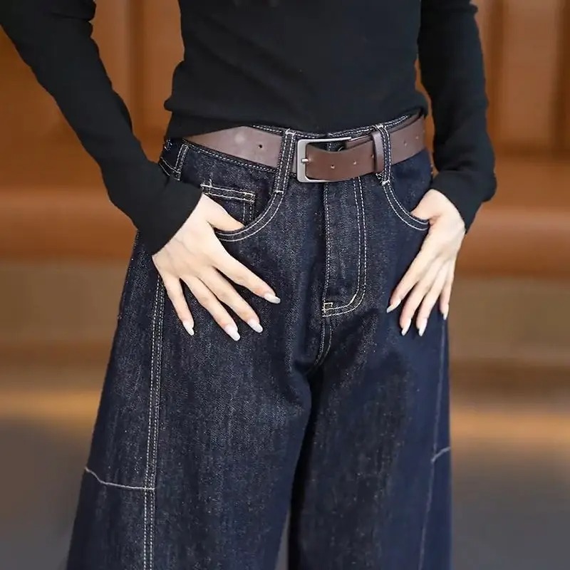 百搭休閒修飾腿型顯瘦遮肉彎刀闊腿牛仔褲