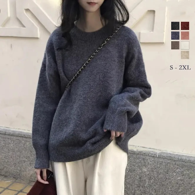 日系慵懶溫柔軟糯純色圓領針織長袖