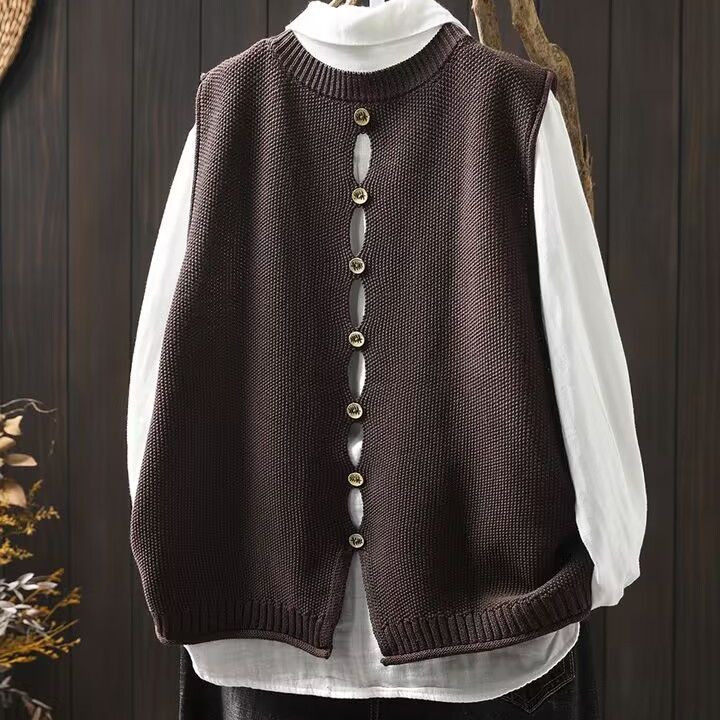 【單件/套裝】後背紐扣棉線針織無袖馬甲背心+寬鬆休閒百搭襯衫疊穿兩件套裝