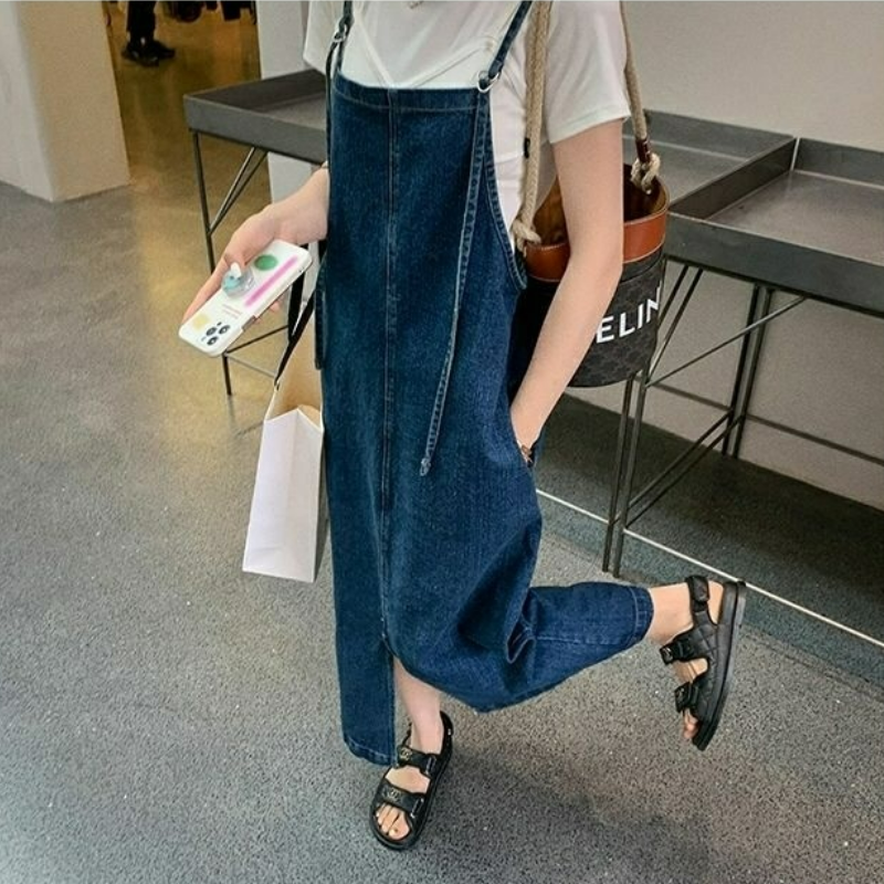 寬鬆減齡學生薄款開叉吊帶牛仔洋裝