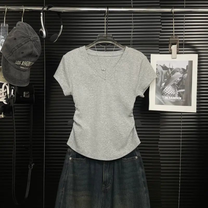 別緻洋氣圓領設計感褶皺收腰百搭顯瘦正肩短袖T恤