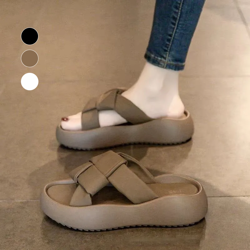 時尚外穿厚底編織平底高級感一字涼拖鞋