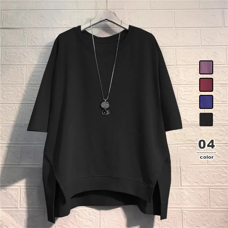 韓版前短後長寬鬆顯瘦休閒港風大碼中袖T恤