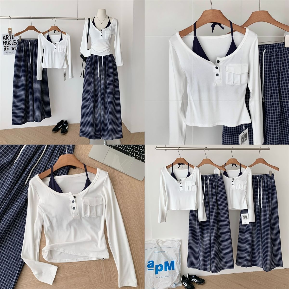 【單件/套裝】慵懶風韓系將兩件掛脖U領長袖T恤+高腰格紋闊腿褲兩件套裝