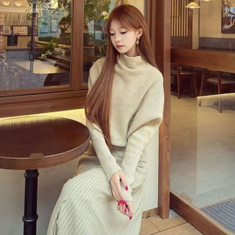 【單件/套裝】小香風法式高領針織毛衣+高腰半身長裙兩件套