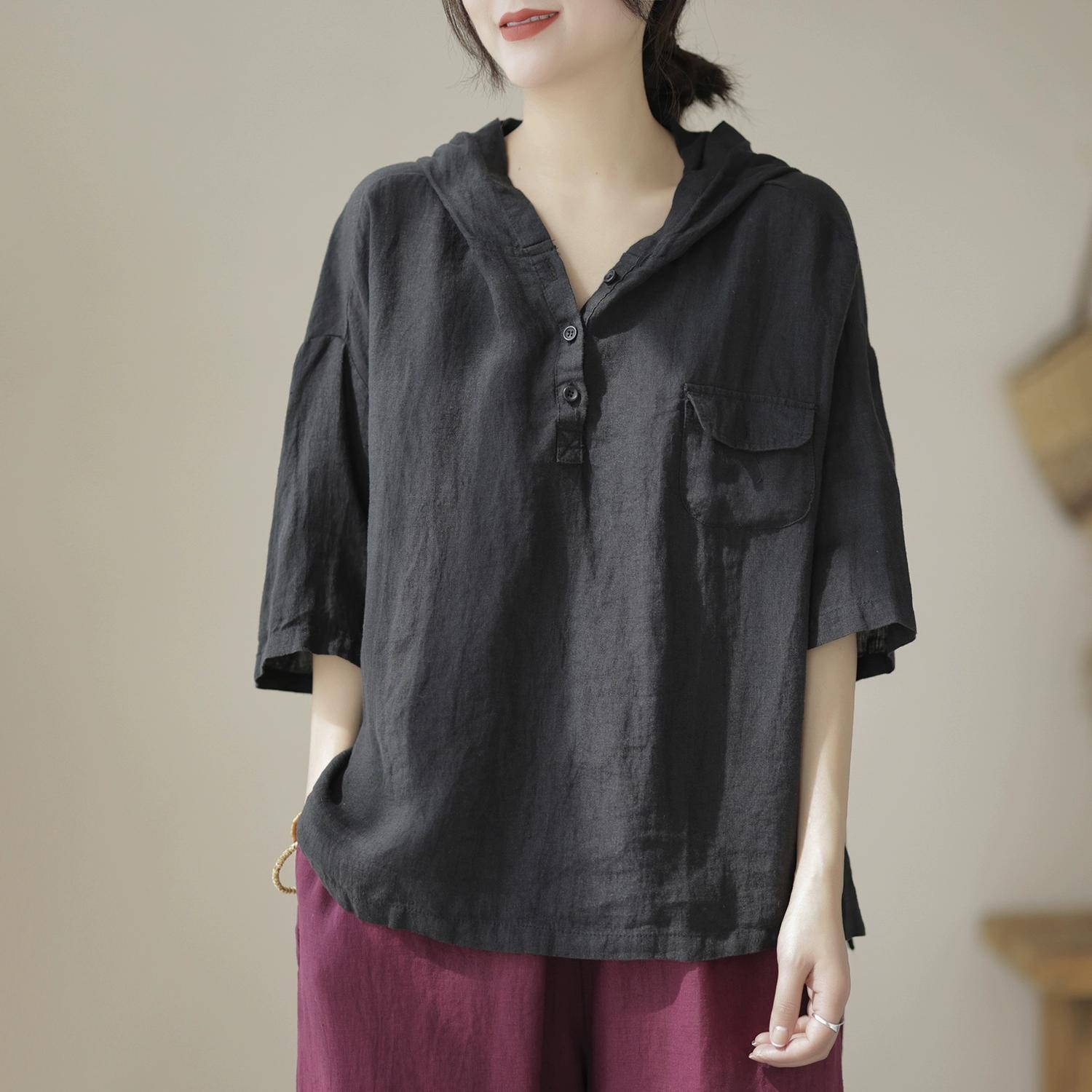 文藝簡約寬鬆顯瘦棉麻透氣連帽短袖