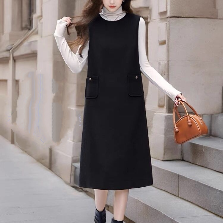 中長版背心裙直筒收腰寬鬆無袖有口袋洋裝