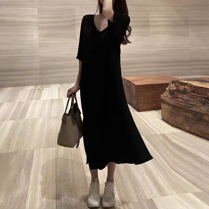 慵懶風大碼性感露背薄款V領短袖洋裝