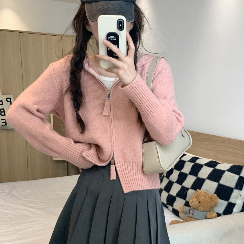 純慾風拉鍊正肩短款毛衣外套連帽針織開衫