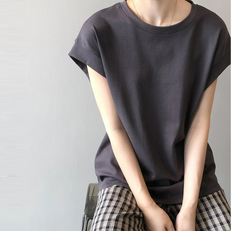 純棉落肩高級感寬鬆減齡洋氣小衫無袖短袖t恤