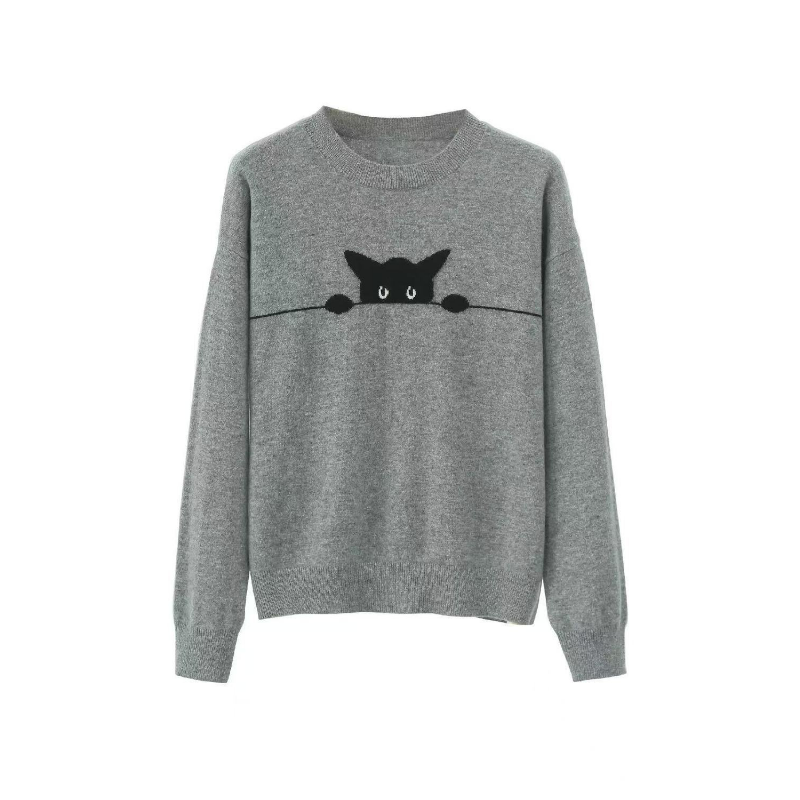 小貓圆领提花大碼寬鬆洋氣打底針織衫毛衣