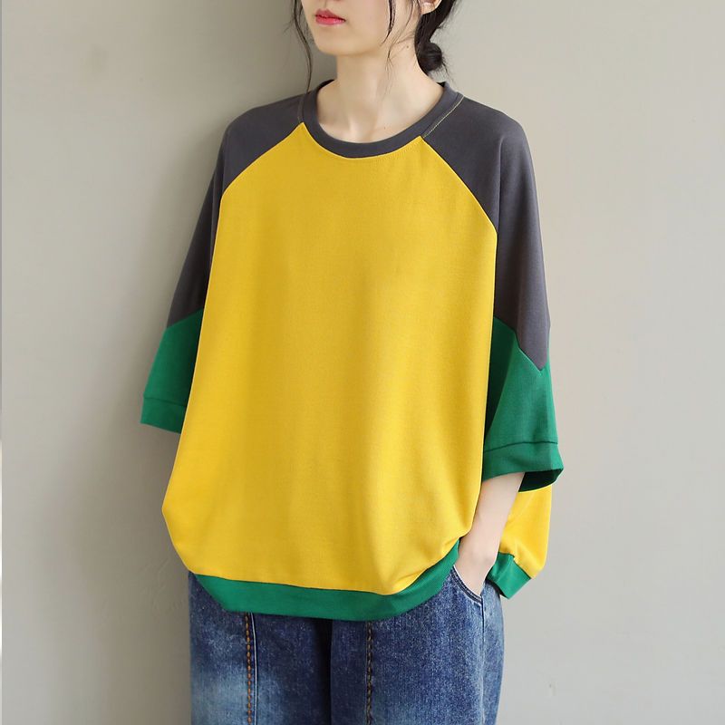 純棉寬鬆復古圓領文藝休閒五分袖大碼中袖t恤