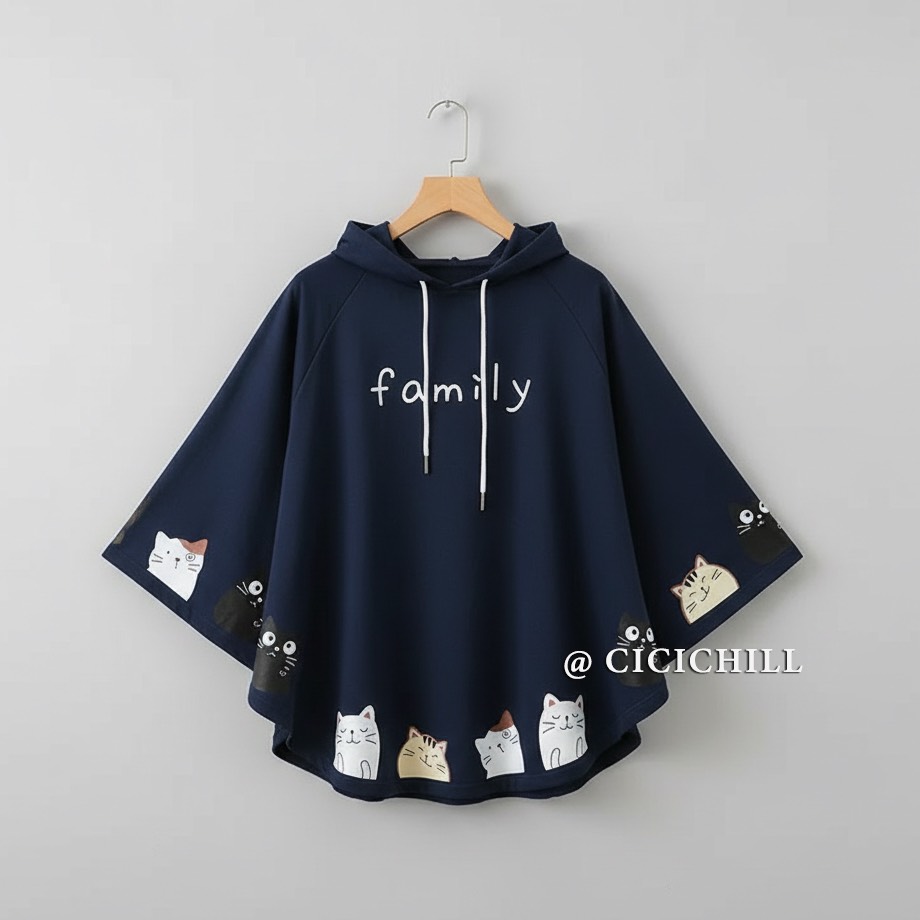 貓咪印花寬鬆顯瘦斗篷款蝙蝠袖連帽T