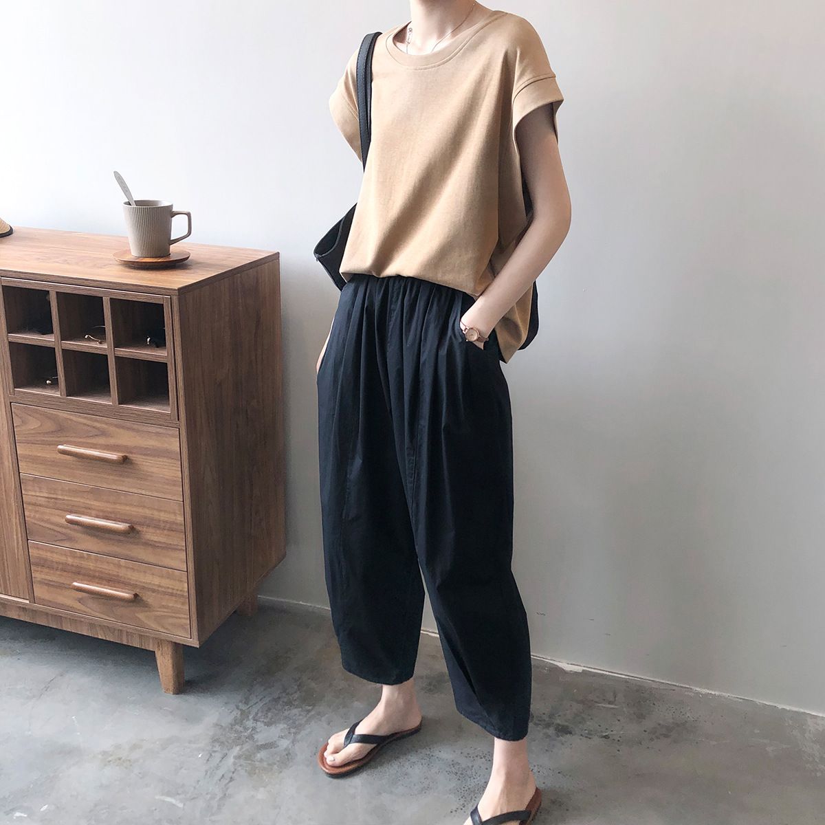 純棉落肩高級感寬鬆減齡洋氣小衫無袖短袖t恤