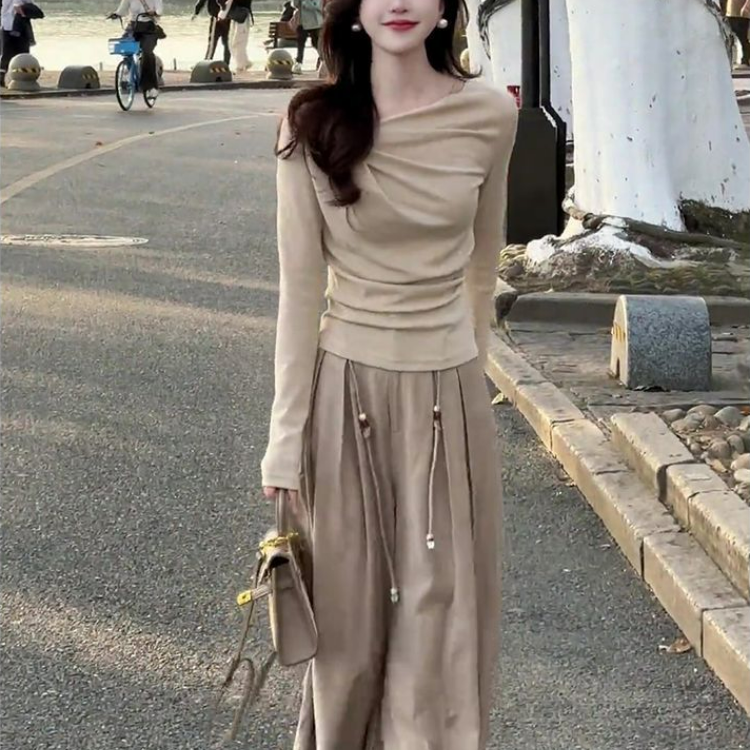【單件/套裝】輕奢高貴氣質不規則簡約上衣+高腰闊腿褲兩件套