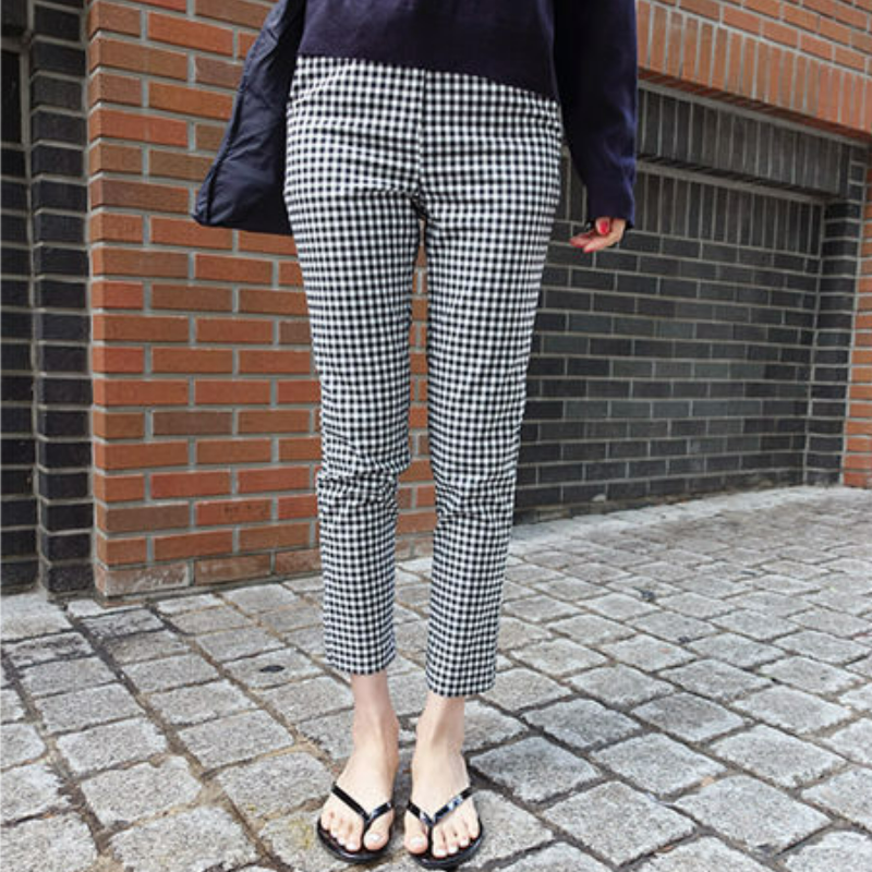 黑白格子高腰韓版休閒彈力顯瘦百搭九分直筒褲