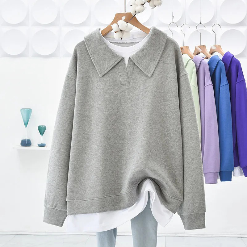 Polo領翻領假兩件拼接中長款遮臀寬鬆衛衣