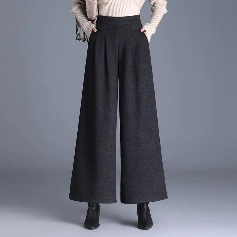 大碼羊絨毛呢高腰寬鬆顯瘦垂感直筒闊腿褲