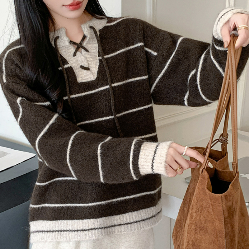 條紋針織衫拼色套頭系帶開領高級感撞色毛衣