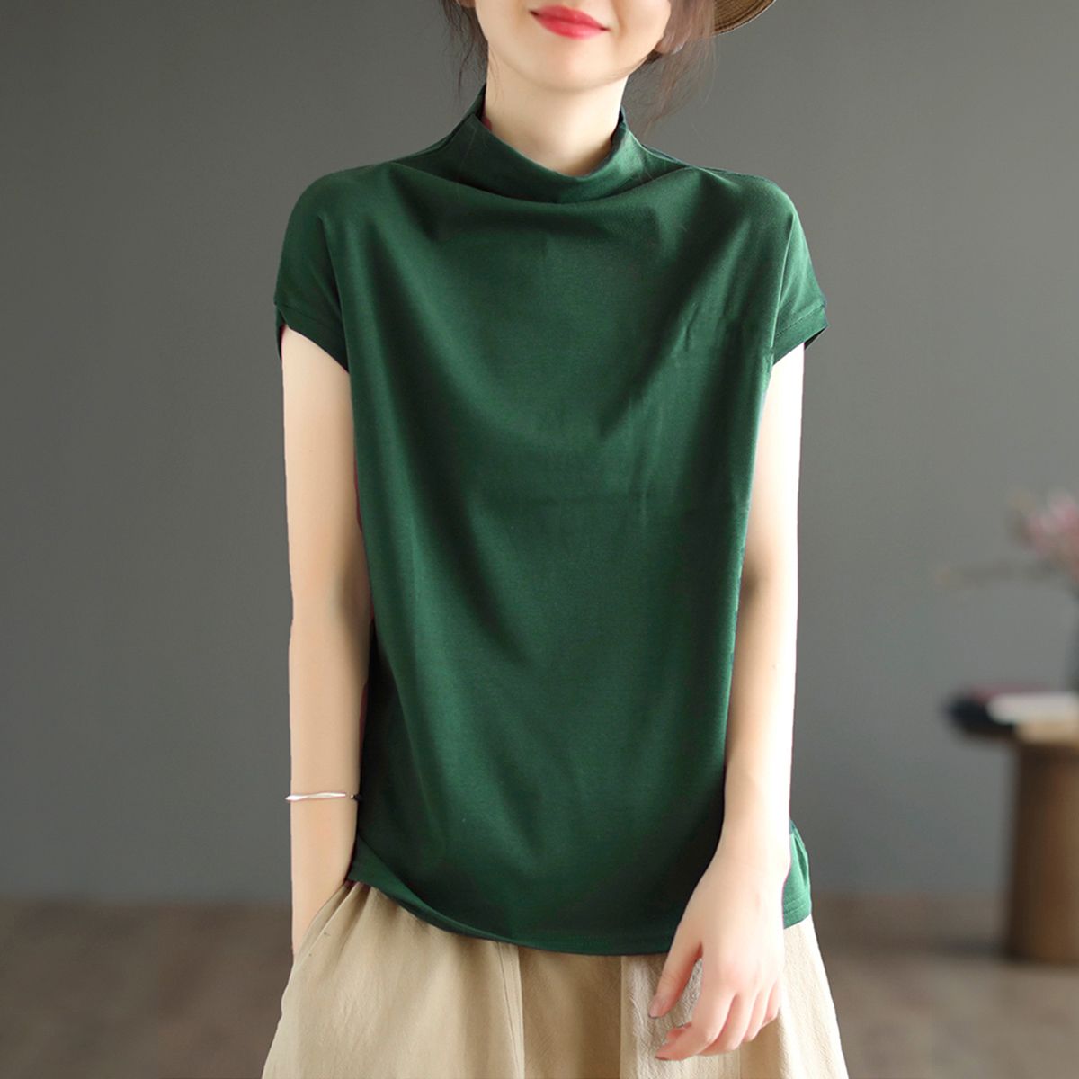 純棉文藝寬鬆顯瘦百搭半高領t恤短袖