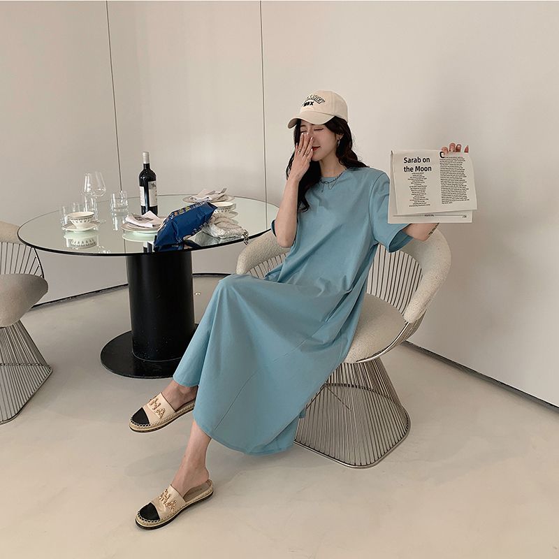 寬鬆遮肚減齡連衣裙大碼顯瘦休閒過膝T恤裙