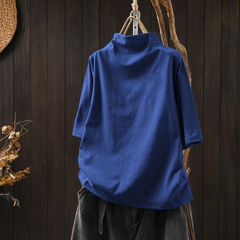 純棉半高領寬鬆顯瘦百搭素色五分袖T恤