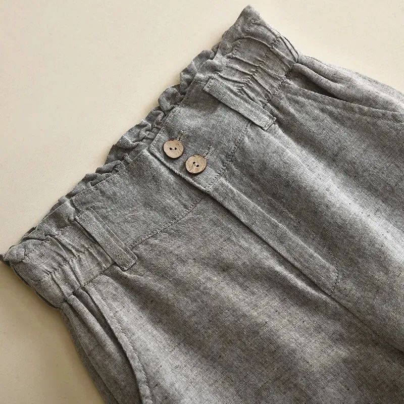 休閒舒適棉麻花苞腰垂感闊腿褲裝