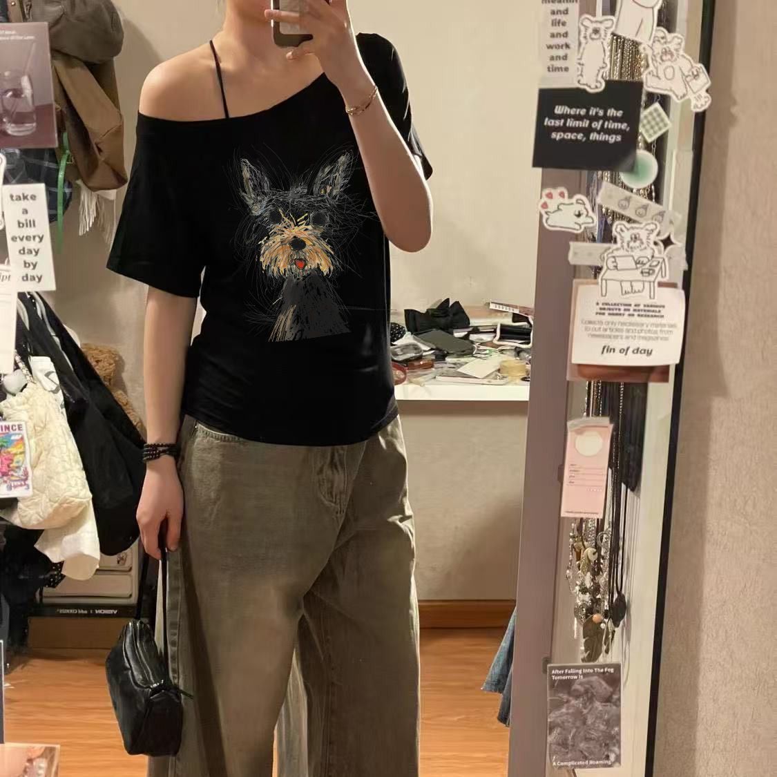 休閒chic感潮流鬆弛通勤氣質斜肩t恤