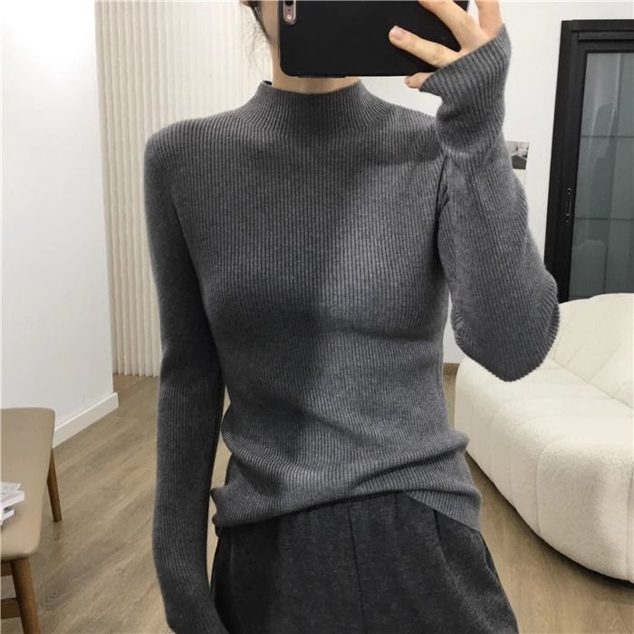 半高領內搭毛衣洋氣保暖深色氣質長袖針織衫