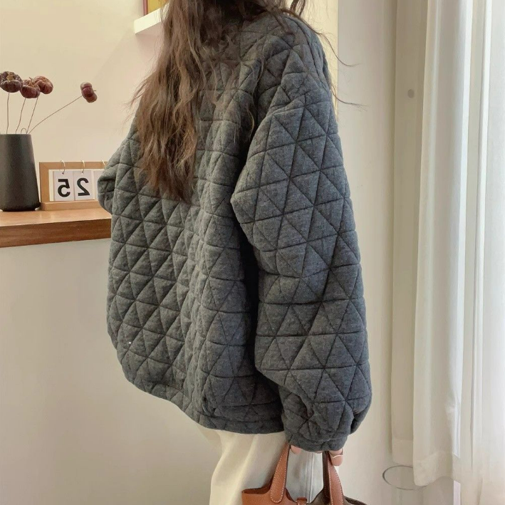 大碼寬鬆慵懶風加厚保暖菱格夾棉上衣