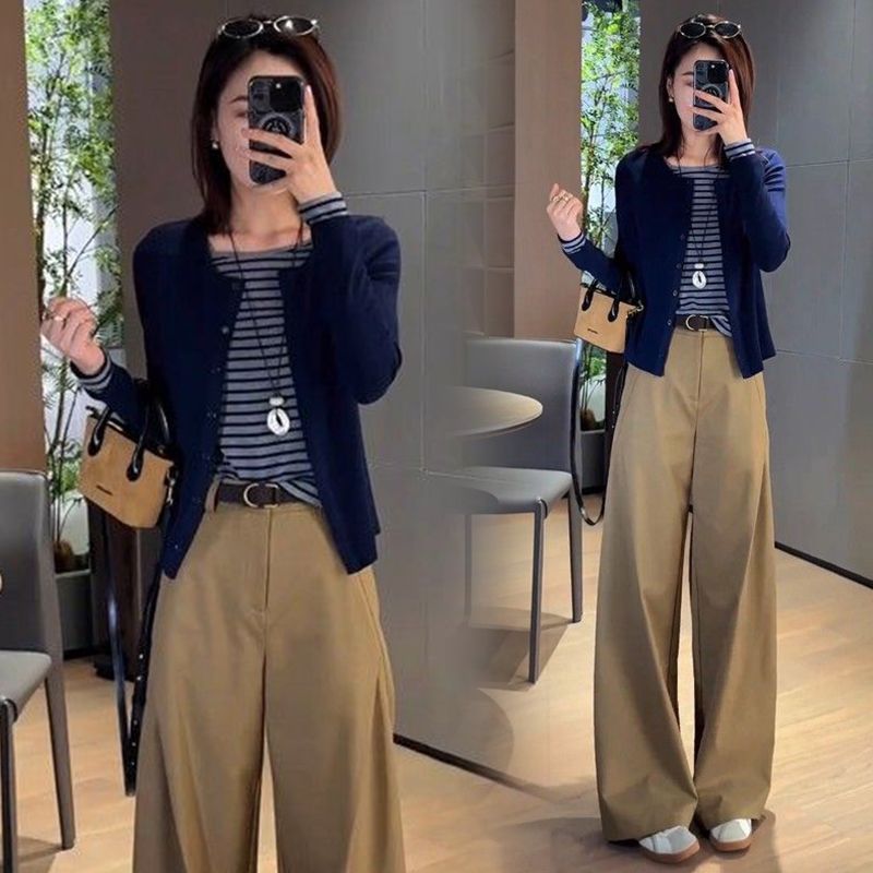 【單件/套裝】減齡洋氣時尚撞色假兩件長袖T恤+顯瘦休閒闊腿褲兩件套