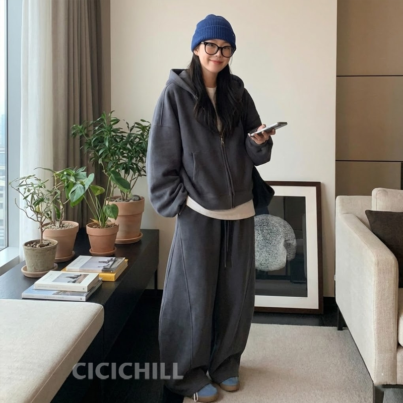 【整套】洋氣時髦大碼顯瘦連帽T+運動休閒闊腿褲兩件套