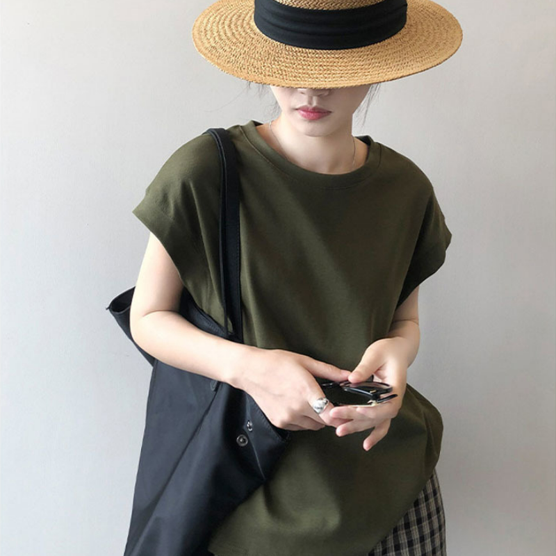 純棉落肩高級感寬鬆減齡洋氣小衫無袖短袖t恤