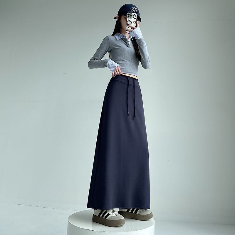 高腰直筒開叉a字裙垂墜感運動中長版半身裙