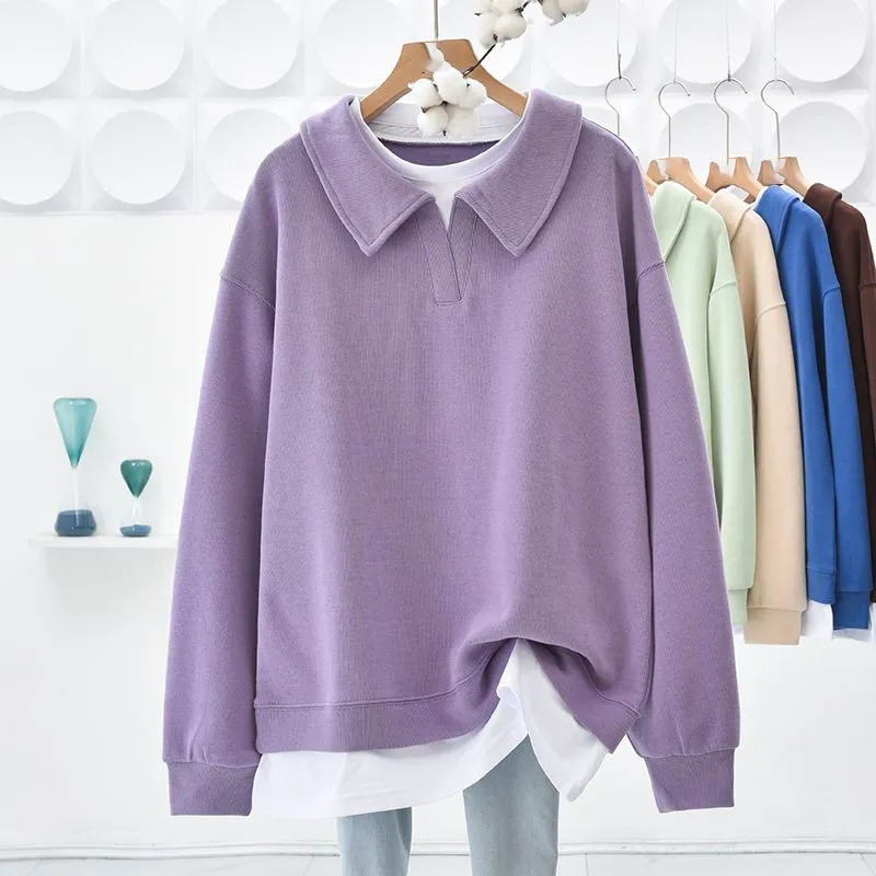 Polo領翻領假兩件拼接中長款遮臀寬鬆衛衣