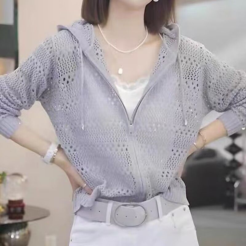 休閒長袖寬鬆連帽鏤空拉鏈開衫