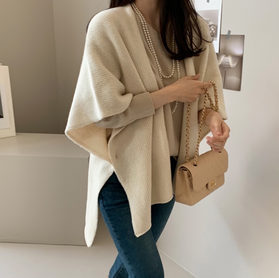 日韓洋氣針織披肩外套休闲温柔氣質毛衣斗篷開衫