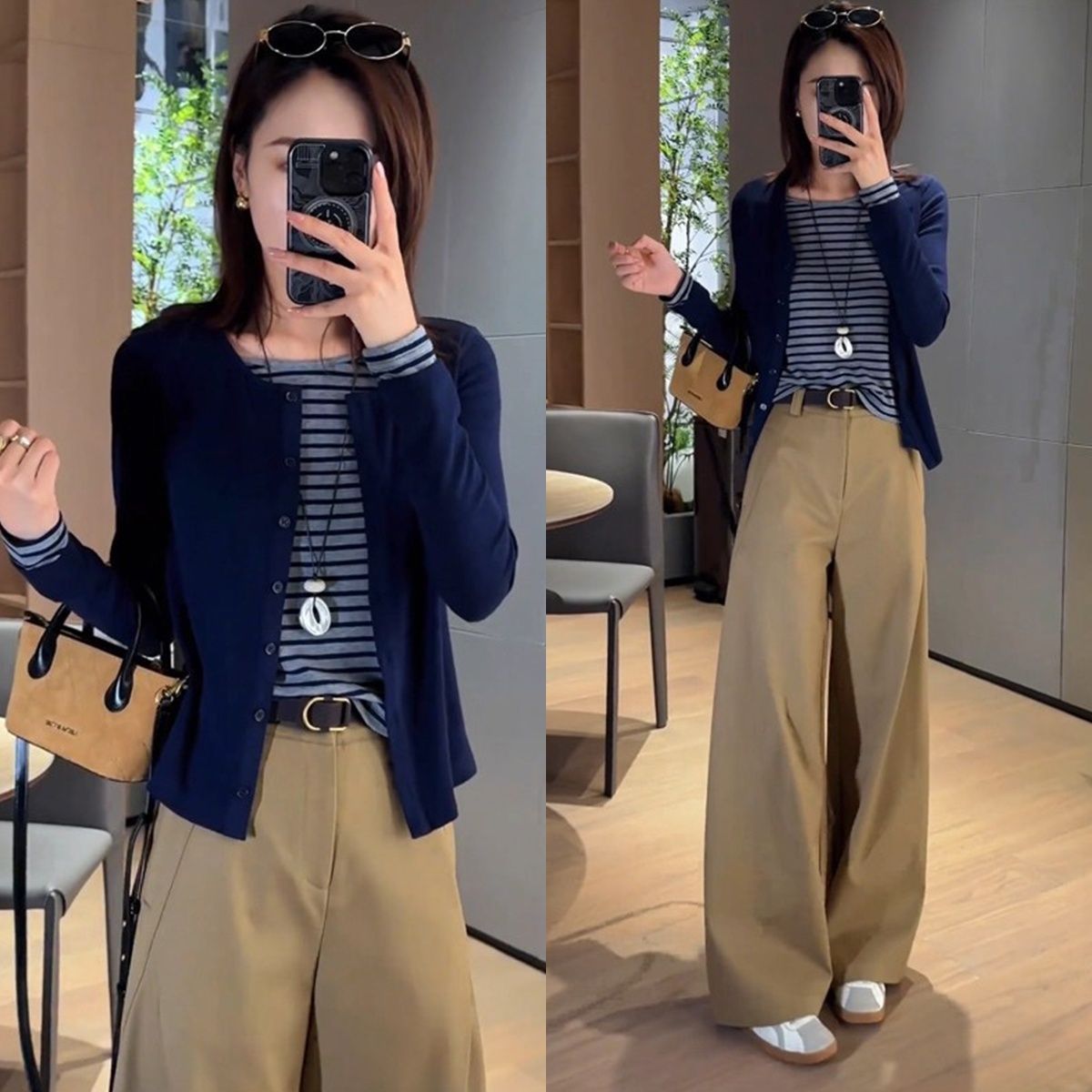 【單件/套裝】減齡洋氣時尚撞色假兩件長袖T恤+顯瘦休閒闊腿褲兩件套