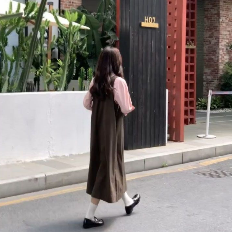 【單件/套裝】減齡粉色長袖襯衫+寬鬆背帶長裙兩件套