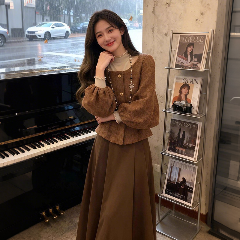 【單件/套裝】高級感氣質絕美燈籠袖上衣+咖色半身裙兩件套